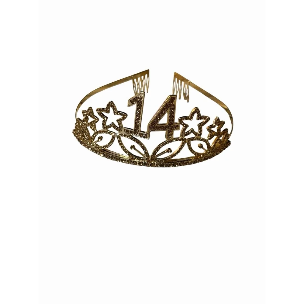 Gold 14th Birthday Tiara-Rhinestone Star‎ Princess Crown For 15th Bday